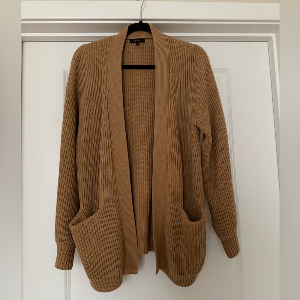 Quince Camel Ribbed Open-Front Cardigan